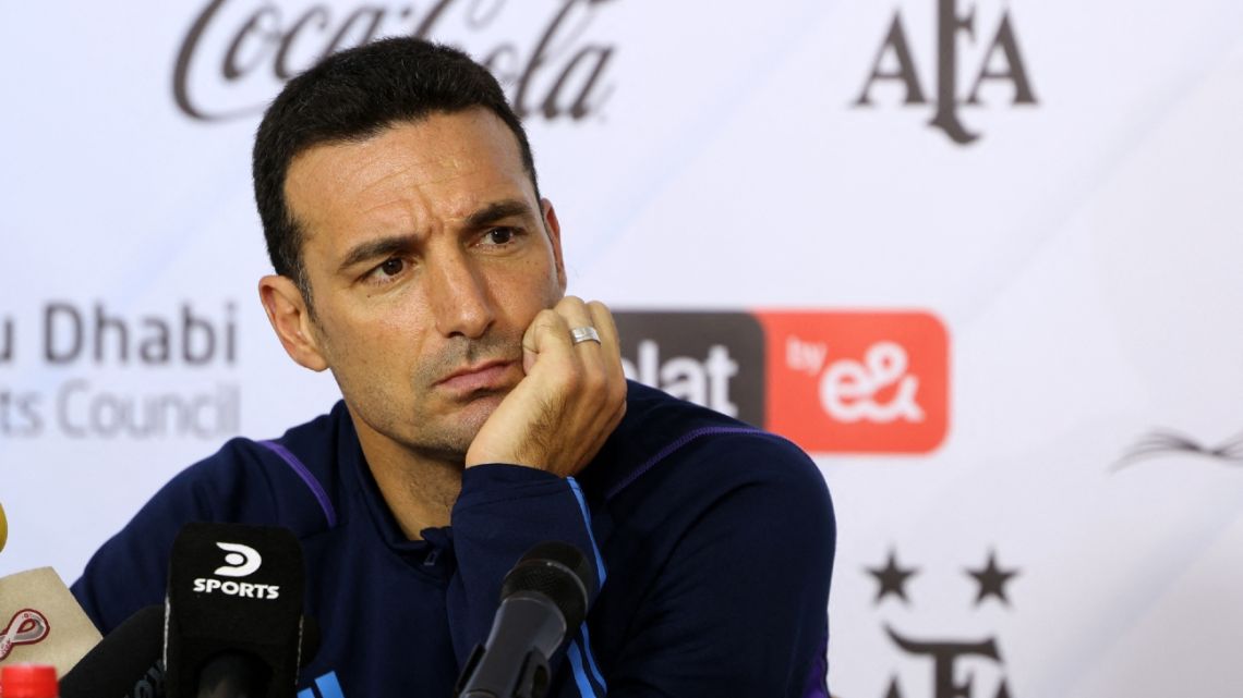 Argentina's national football team coach Lionel Scaloni gives a press conference in Abu Dhabi on November 15, 2022.
