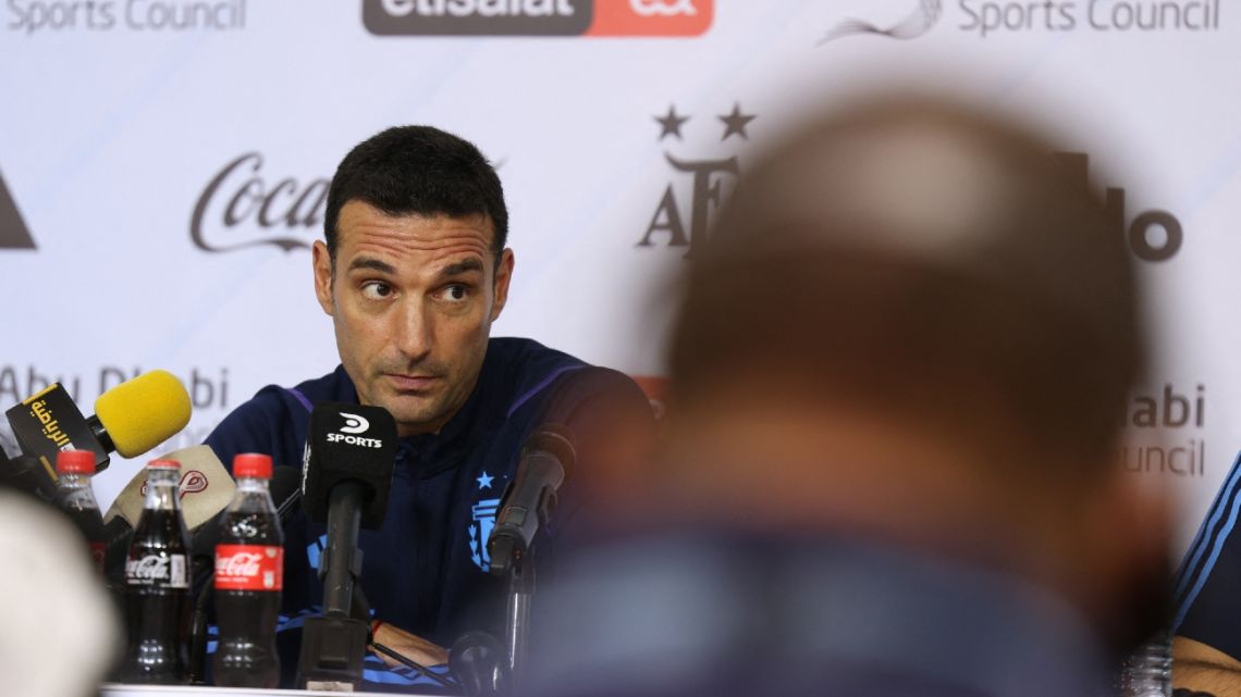 Argentina's national football team coach Lionel Scaloni gives a press conference in Abu Dhabi on November 15, 2022 ahead of a friendly match between the UAE and Argentina.