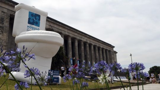 Un inodoro gigante en Derecho, para recordar que 6 millones de argentinos usan un balde como baño