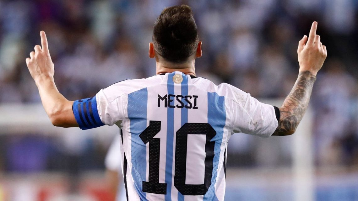  In this file photo taken on September 28, 2022, Argentina's Lionel Messi celebrates his goal during the international friendly football match between Argentina and Jamaica at Red Bull Arena in Harrison, New Jersey. 
