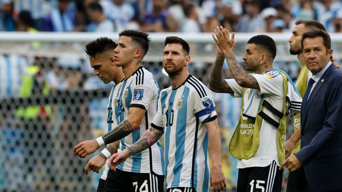 Argentina players, pictured at the end of the Qatar 2022 World Cup Group C football match between Argentina and Saudi Arabia at the Lusail Stadium in Lusail, north of Doha on November 22, 2022. 
