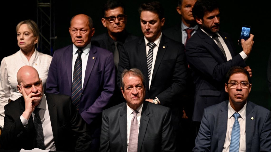 The president of the ruling Liberal Party, Valdemar Costa Neto (C-Front), delivers a press conference in Brasilia on November 23, 2022. The party of Brazil's outgoing President Jair Bolsonaro called on the electoral court Tuesday to reject ballots from some 280,000 machines used in last month's vote, alleging errors it said robbed their leader of re-election.