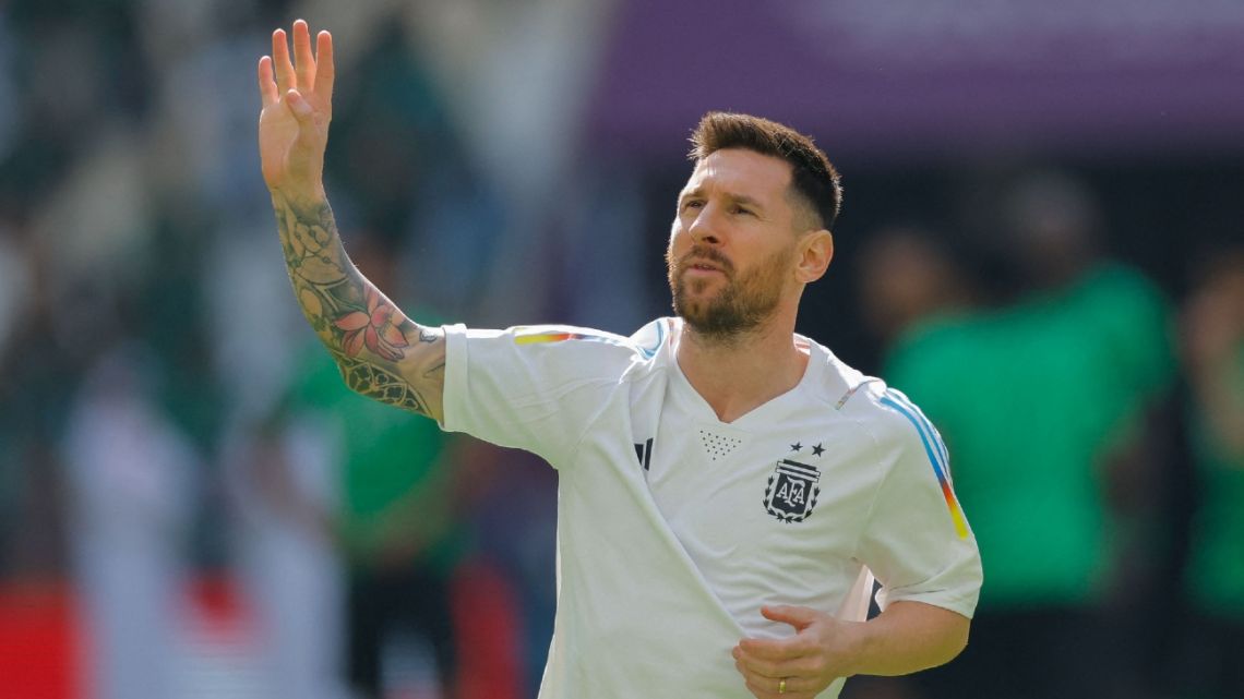 Argentina's forward #10 Lionel Messi warms up ahead of the Qatar 2022 World Cup Group C football match between Argentina and Saudi Arabia.