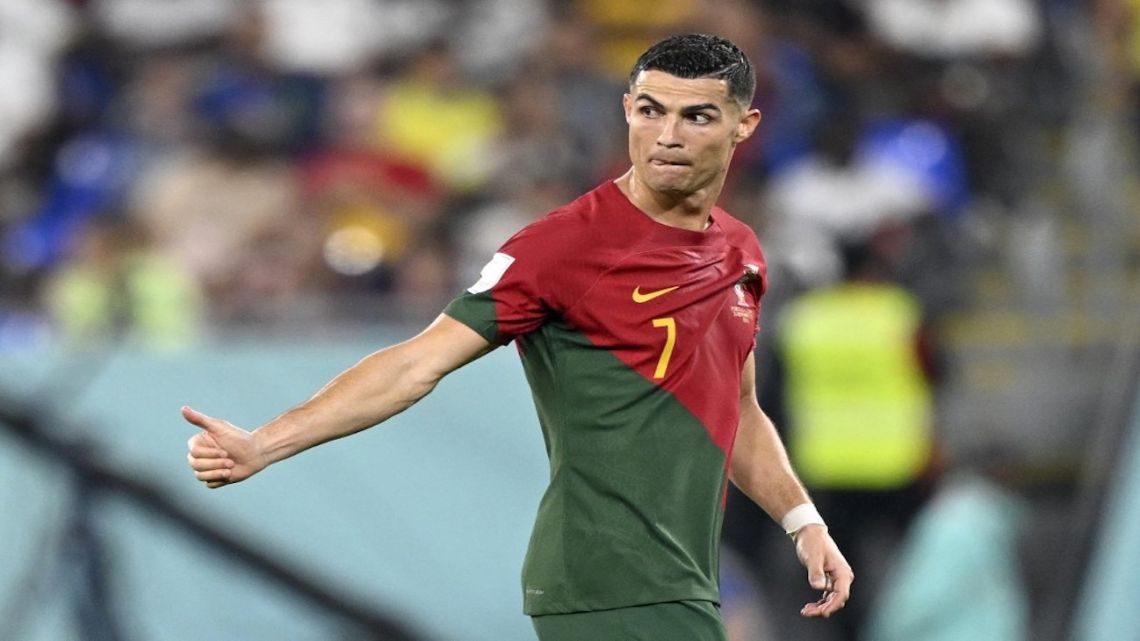 Portugal's forward #07 Cristiano Ronaldo gives a thumb up as he leaves the pitch during the Qatar 2022 World Cup Group H football match between Portugal and Ghana at Stadium 974 in Doha on November 24, 2022