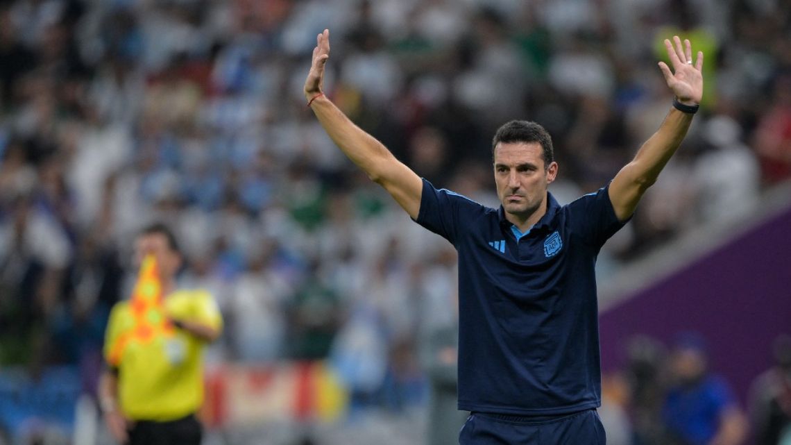 Argentina's coach Lionel Scaloni celebrates from the sidelines during the Qatar 2022 World Cup Group C football match between Argentina and Mexico at the Lusail Stadium in Lusail, north of Doha on November 26, 2022. 