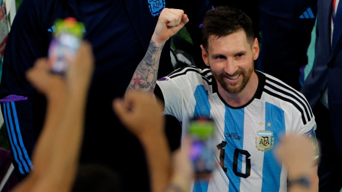 Argentina's forward #10 Lionel Messi smiles as he leaves after the Qatar 2022 World Cup Group C football match between Argentina and Mexico at the Lusail Stadium in Lusail, north of Doha on November 26, 2022. 