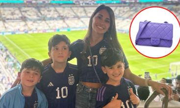 Atonela Roccuzzo marcó tendencia en Qatar con una cartera violeta a tono con la camiseta de Argentina