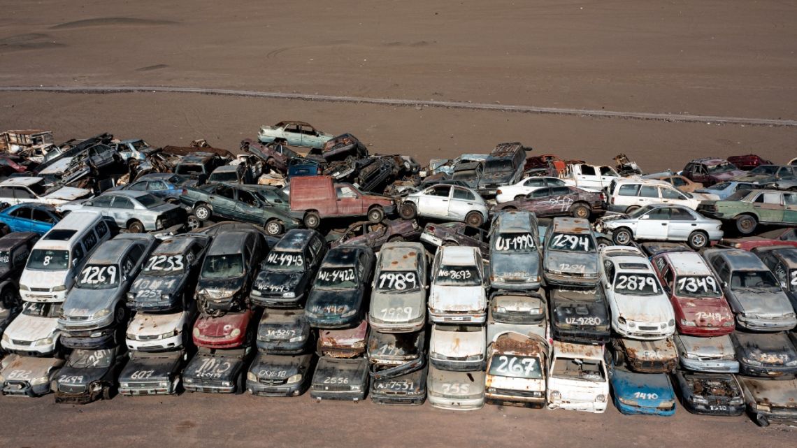 Hundreds of vehicles remain at the Los Verdes municipal landfill in the Atacama Desert, 30 km south of the city of Iquique, Chile, on November 12, 2022.