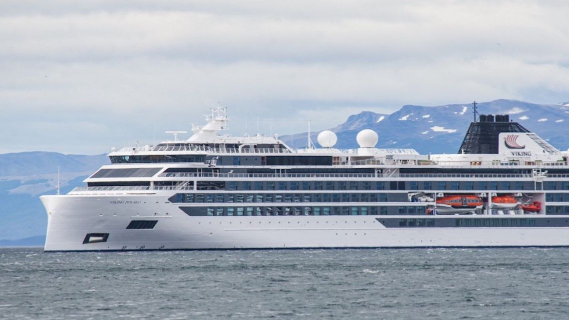 The Norwegian-flagged cruise ship Viking Polaris is seen anchored in waters of the Atlantic Ocean in Ushuaia, southern Argentina, on December 1, 2022. One person was killed, and four other passengers were injured when a giant wave broke several panes of glass on a cruise ship sailing in Antarctic waters in a storm on November 29, Norwegian company and Argentine judicial sources said on December 1.