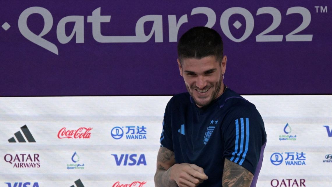 Argentina's midfielder Rodrigo De Paul attends a press conference at the Qatar National Convention Center (QNCC) in Doha on December 2, 2022, on the eve of the Qatar 2022 World Cup football match between Argentina and Australia. 