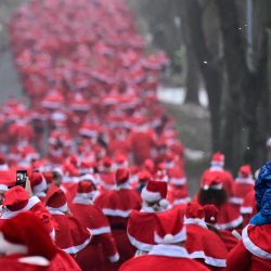 Personas disfrazadas de Papá Noel participan en la carrera anual de Navidad en Michendorf, Alemania. | Foto:JOHN MACDOUGALL / AFP