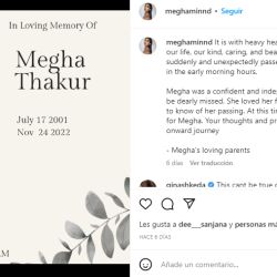 El emotivo posteo con el que los padres Megha Thakur informaron la triste noticia de su muerte. 