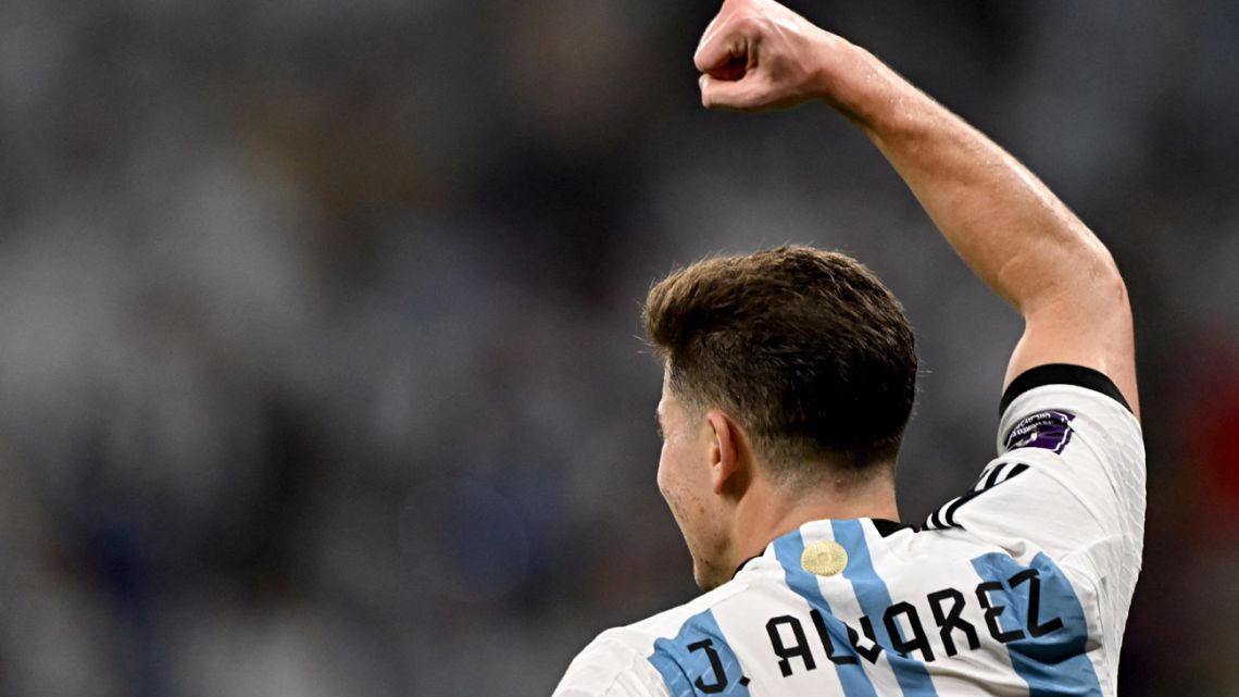 Argentina's forward Julián Álvarez celebrates after scoring his team's second goal during the Qatar 2022 World Cup round of 16 football match between Argentina and Australia at the Ahmad Bin Ali Stadium in Al-Rayyan, west of Doha on December 3, 2022. 
