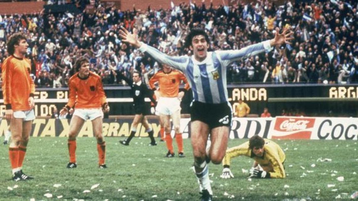 Argentina's Mario Kempes celebrates his goal against Holland at the 1978 World Cup.