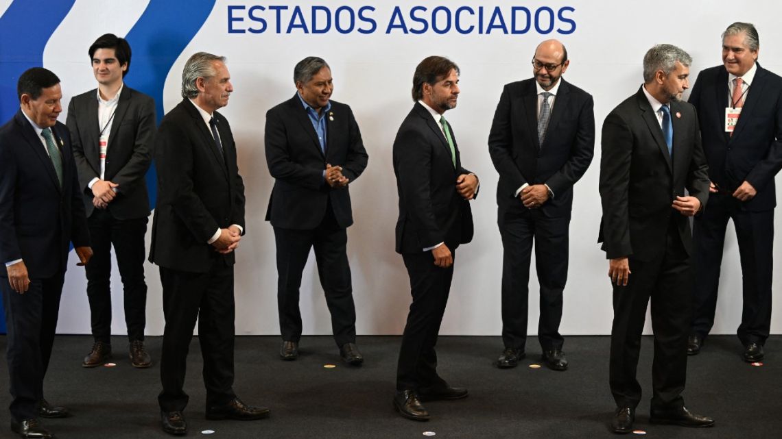 Brazil Vice-President Hamilton Mourão, Argentina's President Alberto Fernández, Bolivia's Foreign Minister Rogelio Mayta, Uruguay's President Luis Lacalle Pou, and Paraguay's President Mario Abdo Benítez attend the Mercosur heads of state summit and associated countries in Montevideo on December 6, 2022.