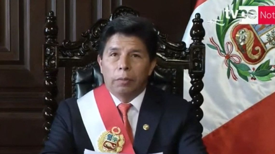 This screen grab obtained from a handout video published by the Peruvian Presidency shows Peruvian President Pedro Castillo delivering a message to the nation in Lima on December 7, 2022. Peru's President Pedro Castillo dissolved Congress on December 7, 2022, announced a curfew and said he will form an emergency government that will rule by decree, just hours before the legislature was due to debate a motion of impeachment against him. 