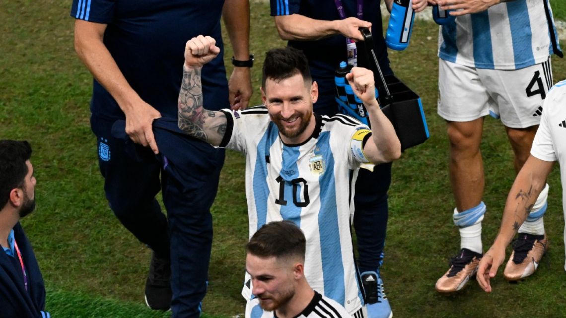 Argentina's forward #10 Lionel Messi celebrates after his team won the Qatar 2022 World Cup quarter-final football match between The Netherlands and Argentina at Lusail Stadium, north of Doha on December 9, 2022. 