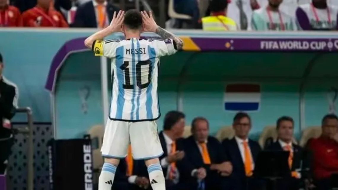 Lionel Messi celebrates in front of Dutch coach Louis Van Gaal after scoring in Argentina's quarter-final victory over the Netherlands.