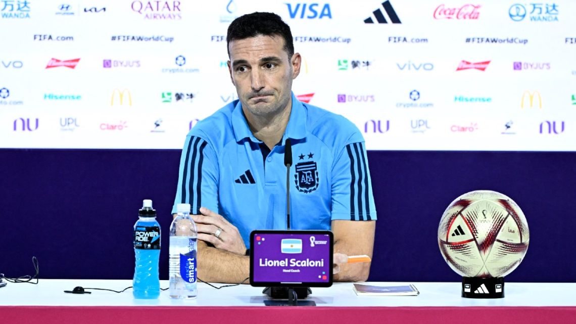 Argentina's coach Lionel Scaloni gives a press conference at the Qatar National Convention Centre (QNCC) in Doha on December 12, 2022, on the eve of the Qatar 2022 World Cup semi final football match between Argentina and Croatia. 