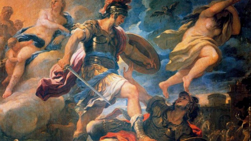 Eneas derrota a Turno, de Luca Giordano, escena inspirada en el final de la Eneida de Virgilio.