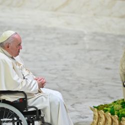El papa Francisco reza junto a un belén durante la audiencia general semanal en la sala Pablo VI del Vaticano. | Foto:FILIPPO MONTEFORTE / AFP
