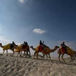 Personas montan camellos en las dunas de Al Wakrah, al sur de Doha, Qatar. | Foto:GABRIEL BOUYS / AFP