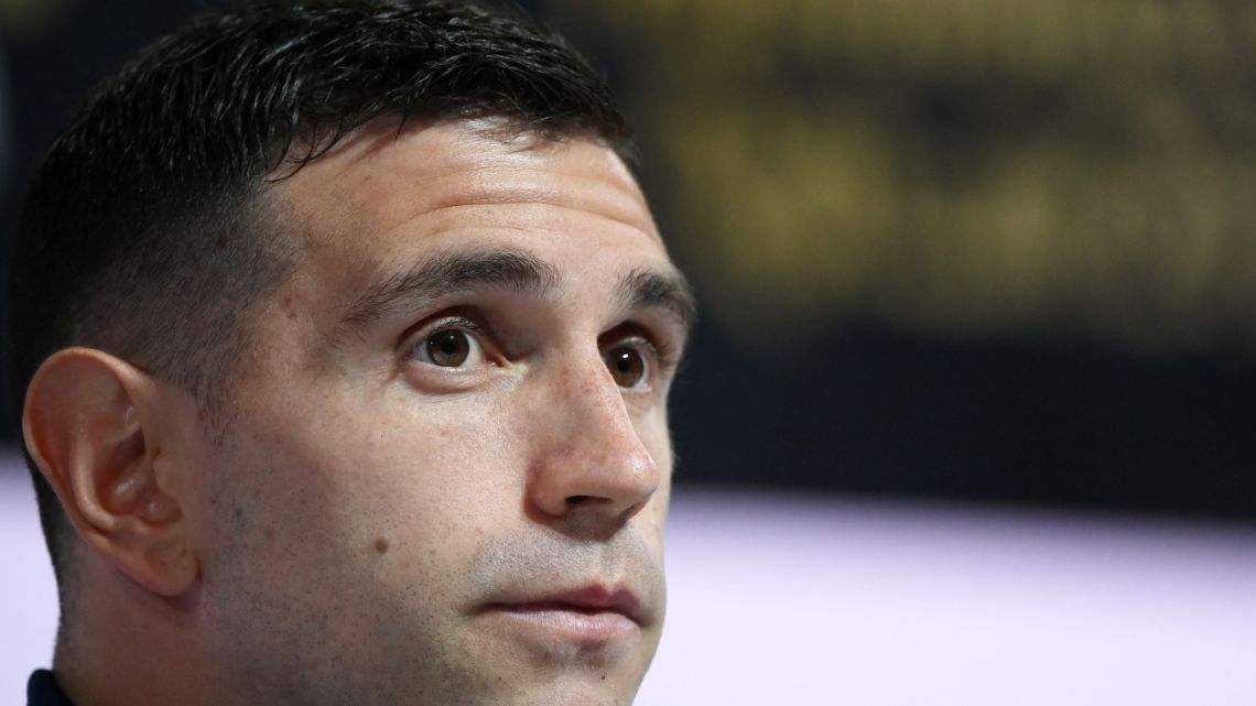 Argentina's goalkeeper Emiliano Martínez gives a press conference at the Qatar National Convention Center (QNCC) in Doha on December 17, 2022, on the eve of the Qatar 2022 World Cup final football match between Argentina and France. 