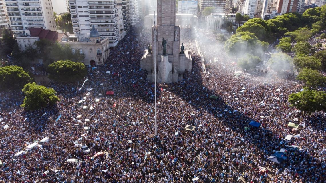 In this aerial view fans of Argentina gather at the National Flag Memorial to celebrate winning the Qatar 2022 World Cup against France in Rosario, Argentina, on December 18, 2022.