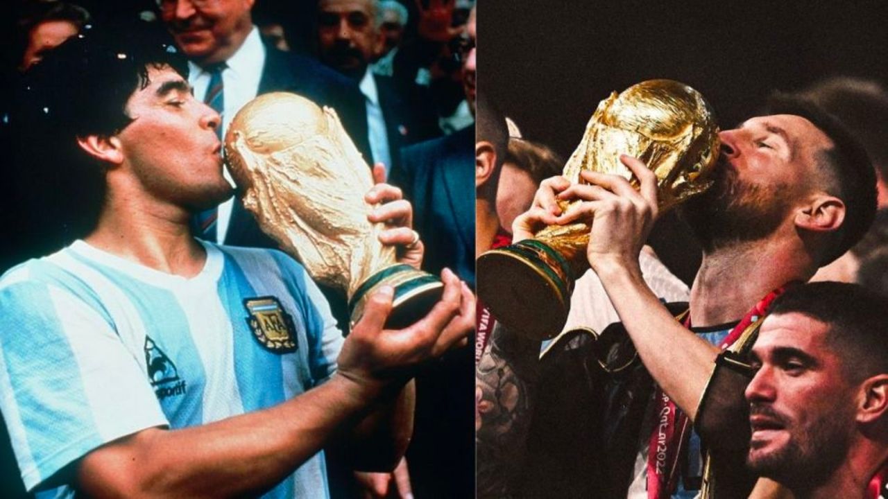 Diego Maradona y Lionel Messi, ambos alzando la Copa del Mundo | Foto:CEDOC