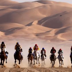 Unos jinetes compiten en una carrera de caballos de pura raza árabe en el Festival Internacional de Liwa 2023, a unos 250 kilómetros al oeste del emirato de Abu Dhabi, en el Golfo Pérsico. | Foto:KARIM SAHIB / AFP