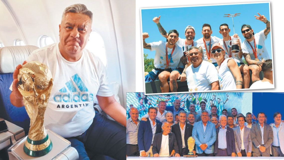 Claudio Tapia's happiest days: With the World Cup trophy on the flight back from Qatar; On the bus, celebrating with the champions; At a meeting of officials at the Argentine Football Association (AFA) headquarters.