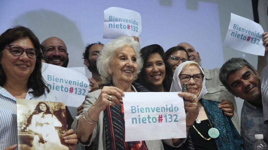 Estela de Carlotto, the president of the Abuelas de Plaza de Mayo (Grandmothers of Plaza de Mayo) human rights groups, announces the restitution of the identity of the 132nd recovered grandchild; The human rights leader said the individual is named Juan, and that he is the son of Mercedes del Valle Morales, who was kidnapped and disappeared in 1976 in Tucumán.