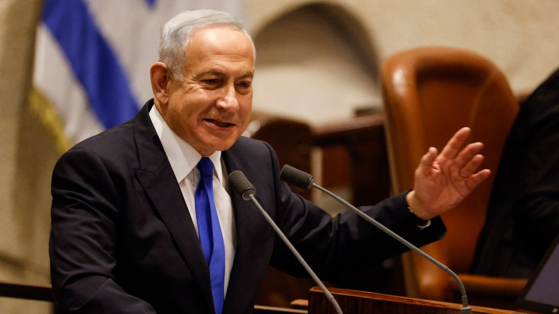 Israel's Prime Minsiter designate Benjamin Netanyahu presents the new government to parliament at the Knesset in Jerusalem on December 29, 2022 in what analysts described as the most right-wing coalition in Israel's history. 