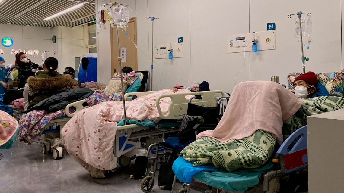 This picture shows Covid-19 patients on beds at Tianjin Nankai Hospital in Tianjin on December 28, 2022.