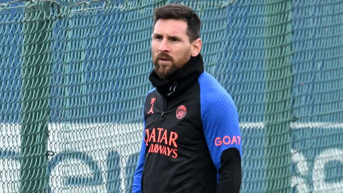 Paris Saint-Germain forward Lionel Messi takes part in a training session at the club's Camp des Loges training ground in Saint-Germain-en-Laye, west of Paris on January 5, 2023. 