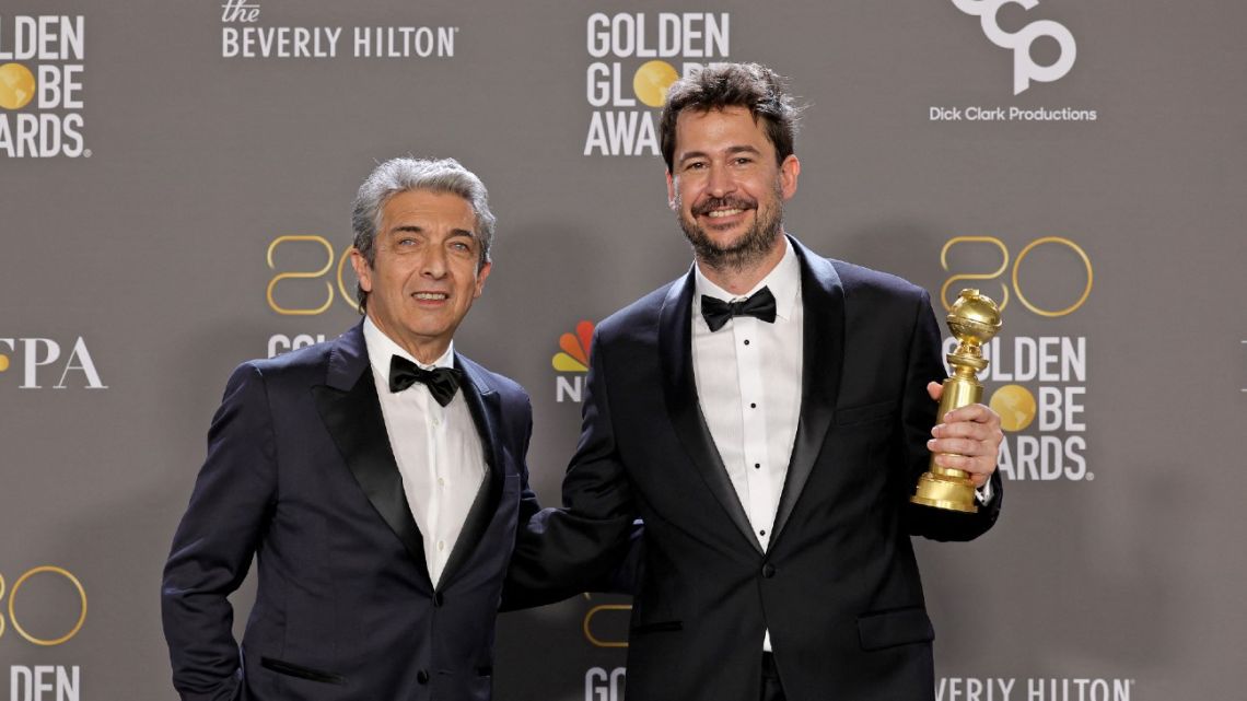 Santiago Mitre and Ricardo Darin pose with the award for Best Picture – Non-English Language (formerly Foreign Language) for 'Argentina, 1985' in the press room during the 80th Annual Golden Globe Awards at The Beverly Hilton on January 10, 2023 in Beverly Hills, California. 