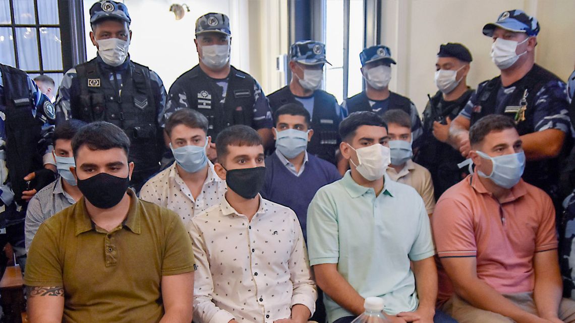 The eight individuals accused of murdering Fernando Báez Sosa in January 2020 are pictured in court as the trial into the victim's murder gets underway.