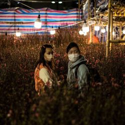 Dos mujeres se paran entre árboles en flor en un mercado del Año Nuevo Lunar en Hong Kong. Foto de ISAAC LAWRENCE / AFP | Foto:AFP