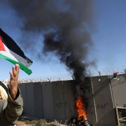 Un manifestante palestino levanta la bandera nacional durante una manifestación. Foto de AHMAD GHARABLI / AFP | Foto:AFP
