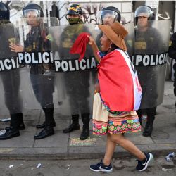 Una mujer indígena camina frente a la policía antidisturbios durante una protesta que exige la dimisión de la presidenta de Perú, Dina Boluarte, en Lima. | Foto:ERNESTO BENAVIDES / AFP