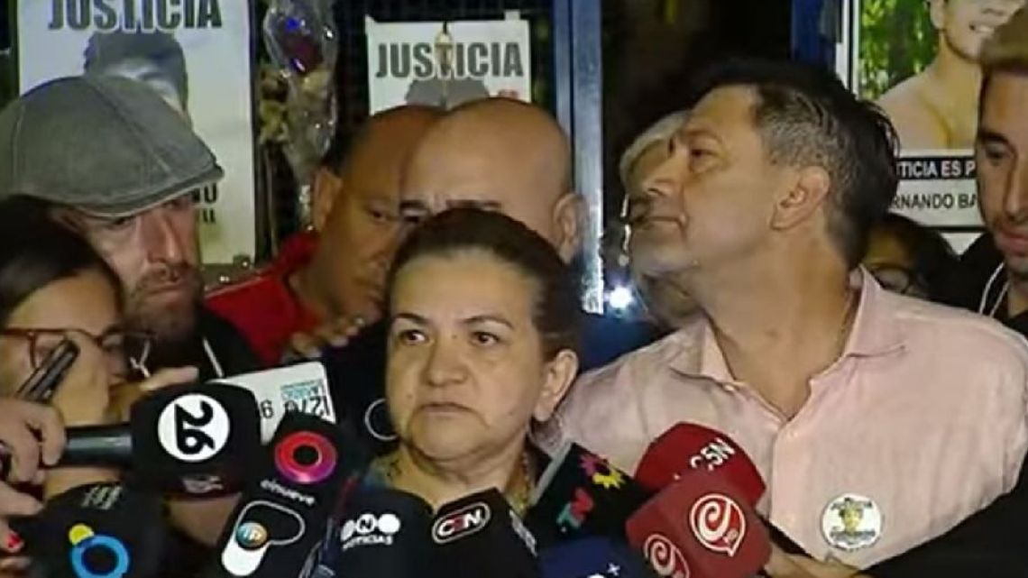 Graciela Sosa, mother of slain teenager Fernando Báez Sosa, speaks to the press outside a courthouse in Dolores, Buenos Aires Province.
