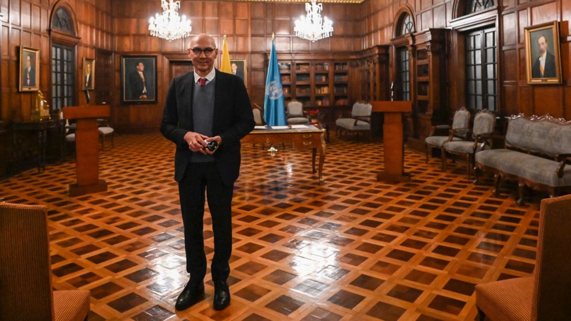 UN High Commissioner for Human Rights Volker Türk stands before signing an agreement during a meeting with Colombian Secretary General of the Ministry of Foreign Affairs Jose Antonio Salazar in Bogota on January 25, 2023, before heading to Venezuela. 