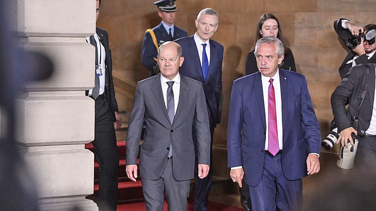 El canciller alemán Olaf Scholz y el presidente Alberto Fernández, en el encuentro en el Palacio San Martín.