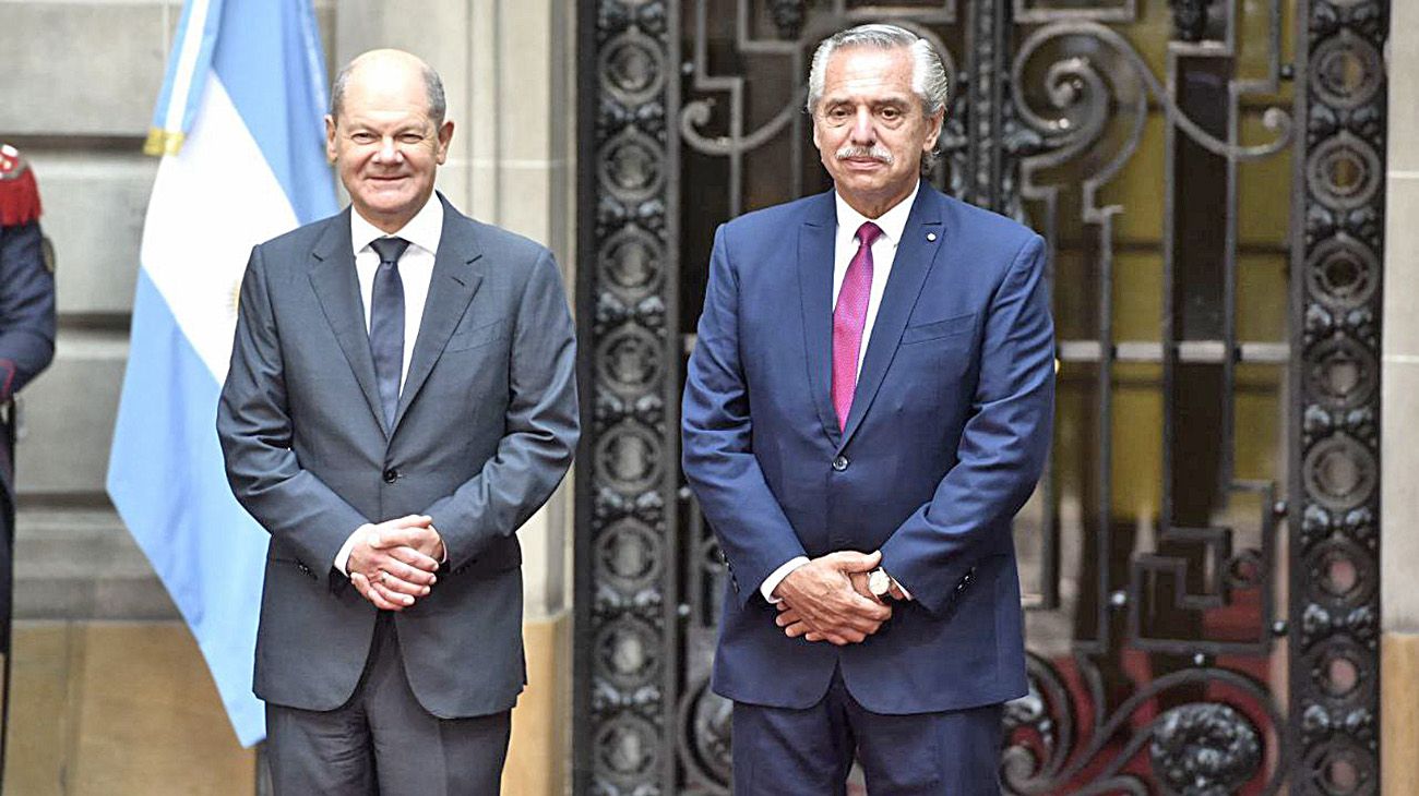 El canciller alemán Olaf Scholz y el presidente Alberto Fernández, en el encuentro en el Palacio San Martín.