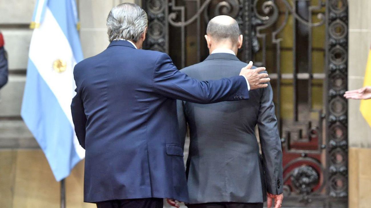 El canciller alemán Olaf Scholz y el presidente Alberto Fernández, en el encuentro en el Palacio San Martín.