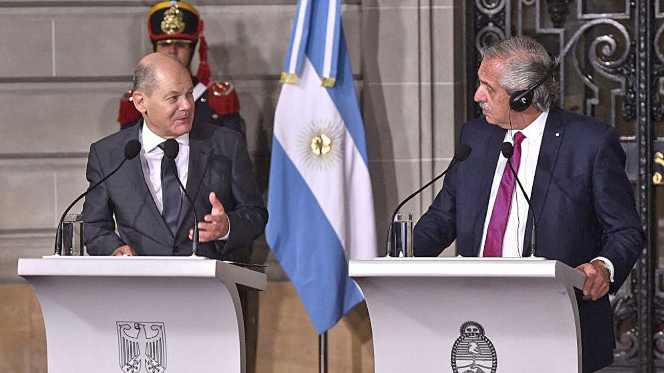 El canciller alemán Olaf Scholz y el presidente Alberto Fernández, en el Palacio San Martín.