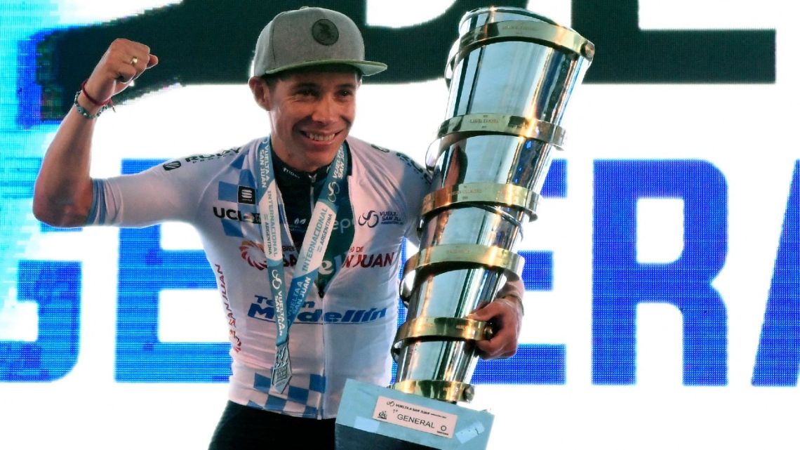 Colombia's Miguel Ángel López celebrates at the podium of the Vuelta a San Juan 2023, in San Juan Province, Argentina, on January 29, 2023. 