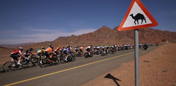 El pelotón circula durante la primera etapa del Tour Saudí 2023, desde el Aeropuerto Internacional de AlUla hasta Khaybar.