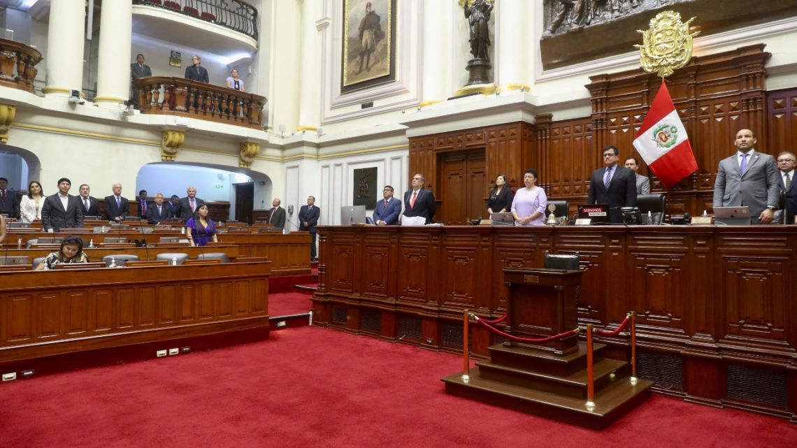 This handout picture released by the Peruvian Congress shows the President of Peruvian Congress, Jose Williams Zapata (2-R) during a session of the plenary in which lawmakers are voting for early general elections at the Peruvian Congress in Lima on January 30, 2023.