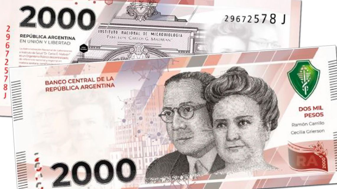 New 2000 peso banknotes honoring Cecilia Grierson and Ramón Carrillo.
